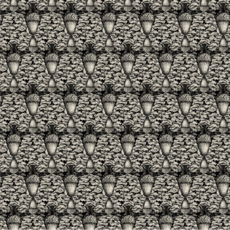 Black and white pattern alternating acorns and oak trees.