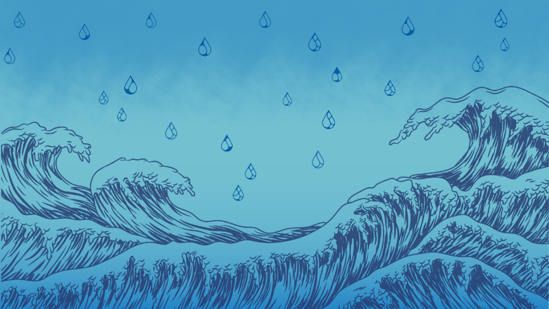 An illustration of a flood with raindrops falling from the sky.