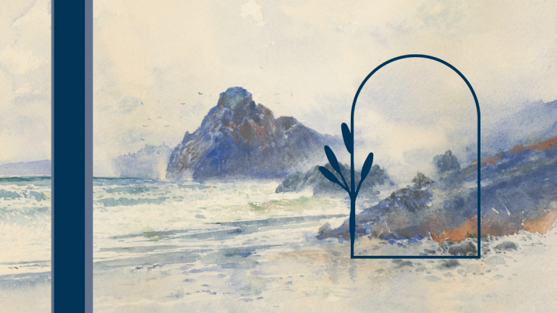 Stormy ocean painting viewed through a doorway or window.